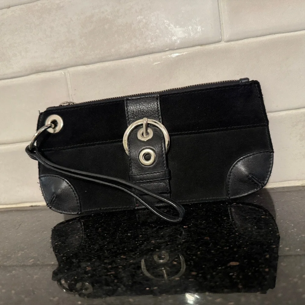 Black‎ Suede Leather Wristlet Clutch Bag Purse Buckle Detail Zip Top Moto Style